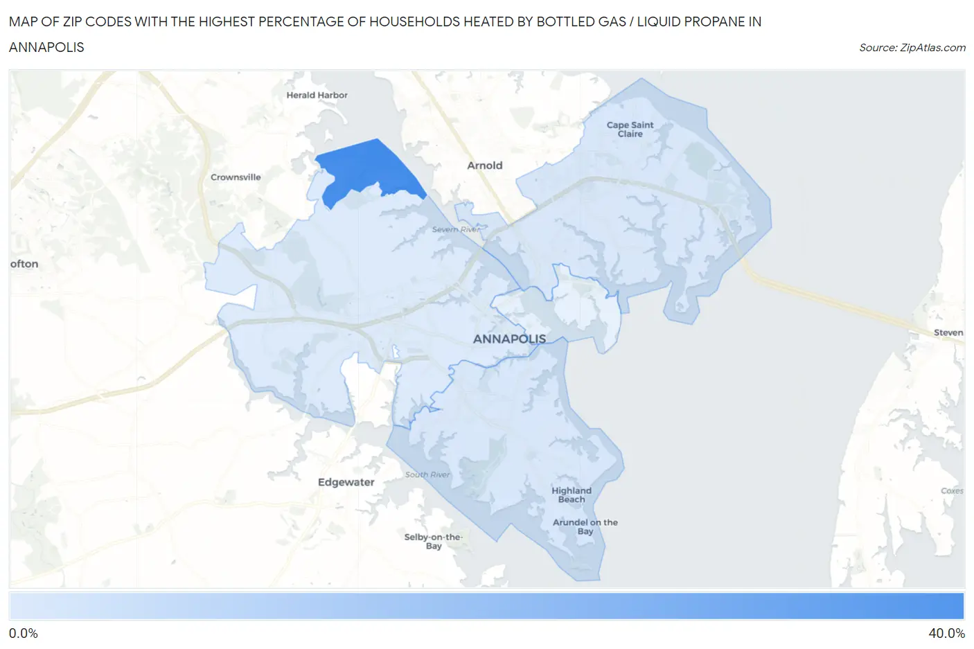 Zip Codes with the Highest Percentage of Households Heated by Bottled Gas / Liquid Propane in Annapolis Map