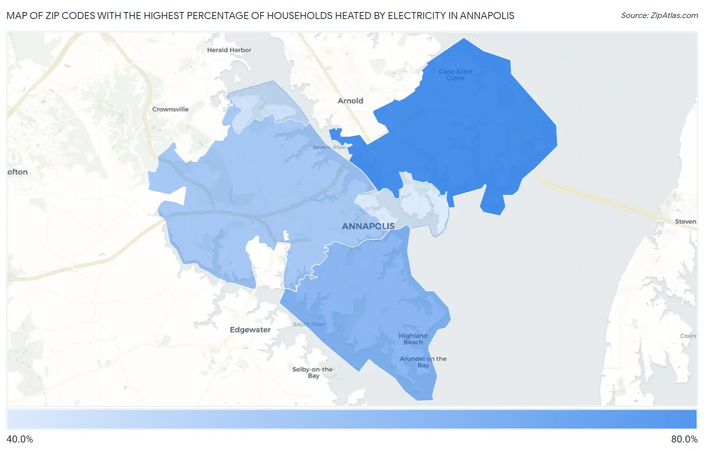 Zip Codes with the Highest Percentage of Households Heated by Electricity in Annapolis Map