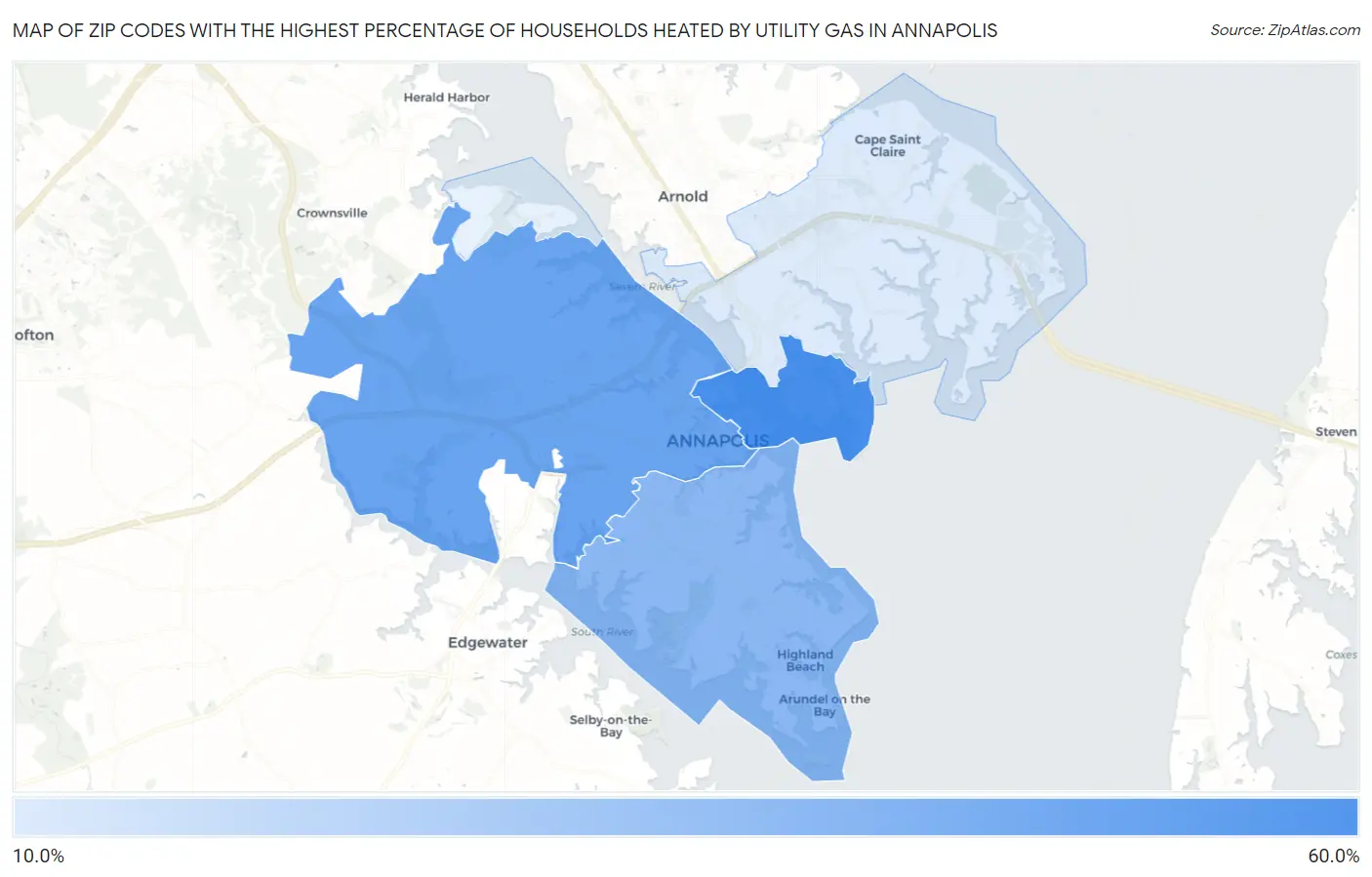 Zip Codes with the Highest Percentage of Households Heated by Utility Gas in Annapolis Map