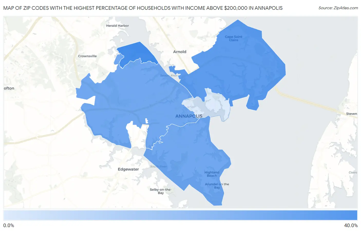 Zip Codes with the Highest Percentage of Households with Income Above $200,000 in Annapolis Map