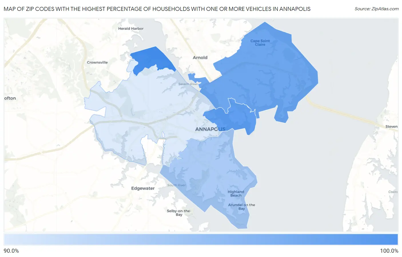 Zip Codes with the Highest Percentage of Households With One or more Vehicles in Annapolis Map