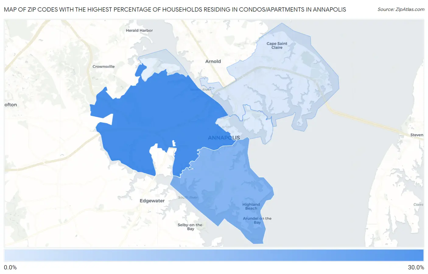 Zip Codes with the Highest Percentage of Households Residing in Condos/Apartments in Annapolis Map