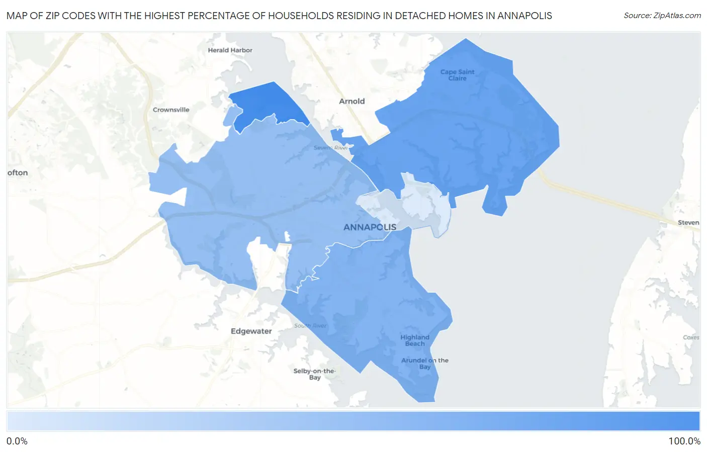 Zip Codes with the Highest Percentage of Households Residing in Detached Homes in Annapolis Map