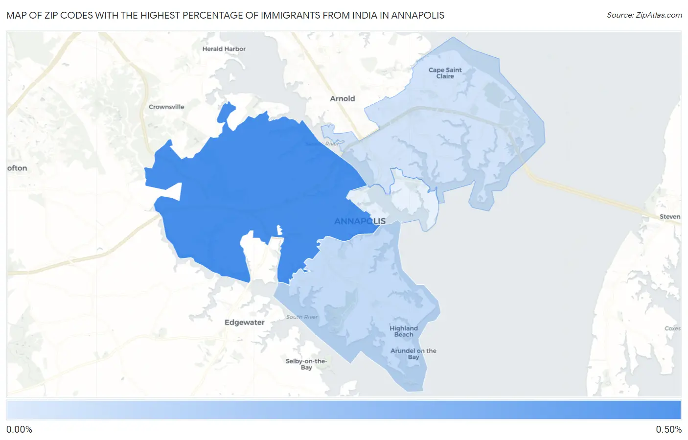 Zip Codes with the Highest Percentage of Immigrants from India in Annapolis Map
