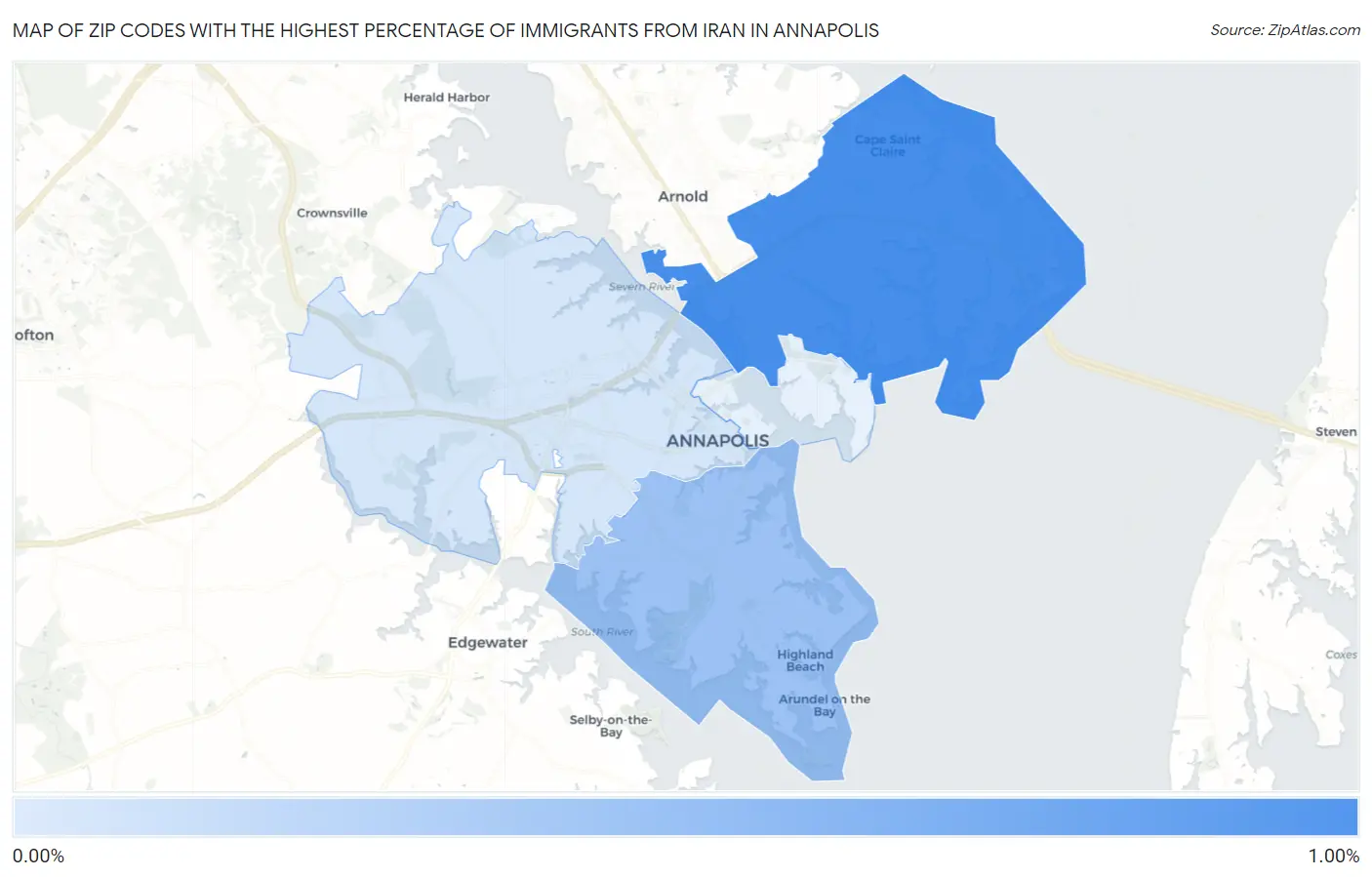 Zip Codes with the Highest Percentage of Immigrants from Iran in Annapolis Map