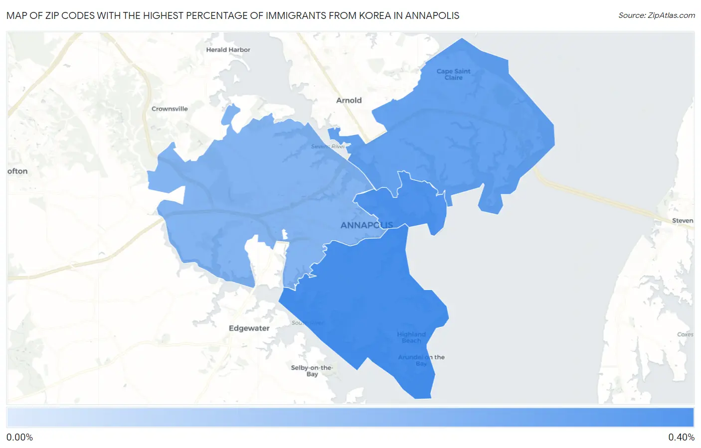 Zip Codes with the Highest Percentage of Immigrants from Korea in Annapolis Map