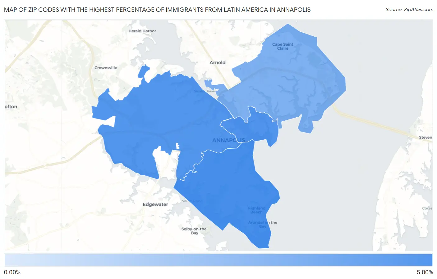 Zip Codes with the Highest Percentage of Immigrants from Latin America in Annapolis Map