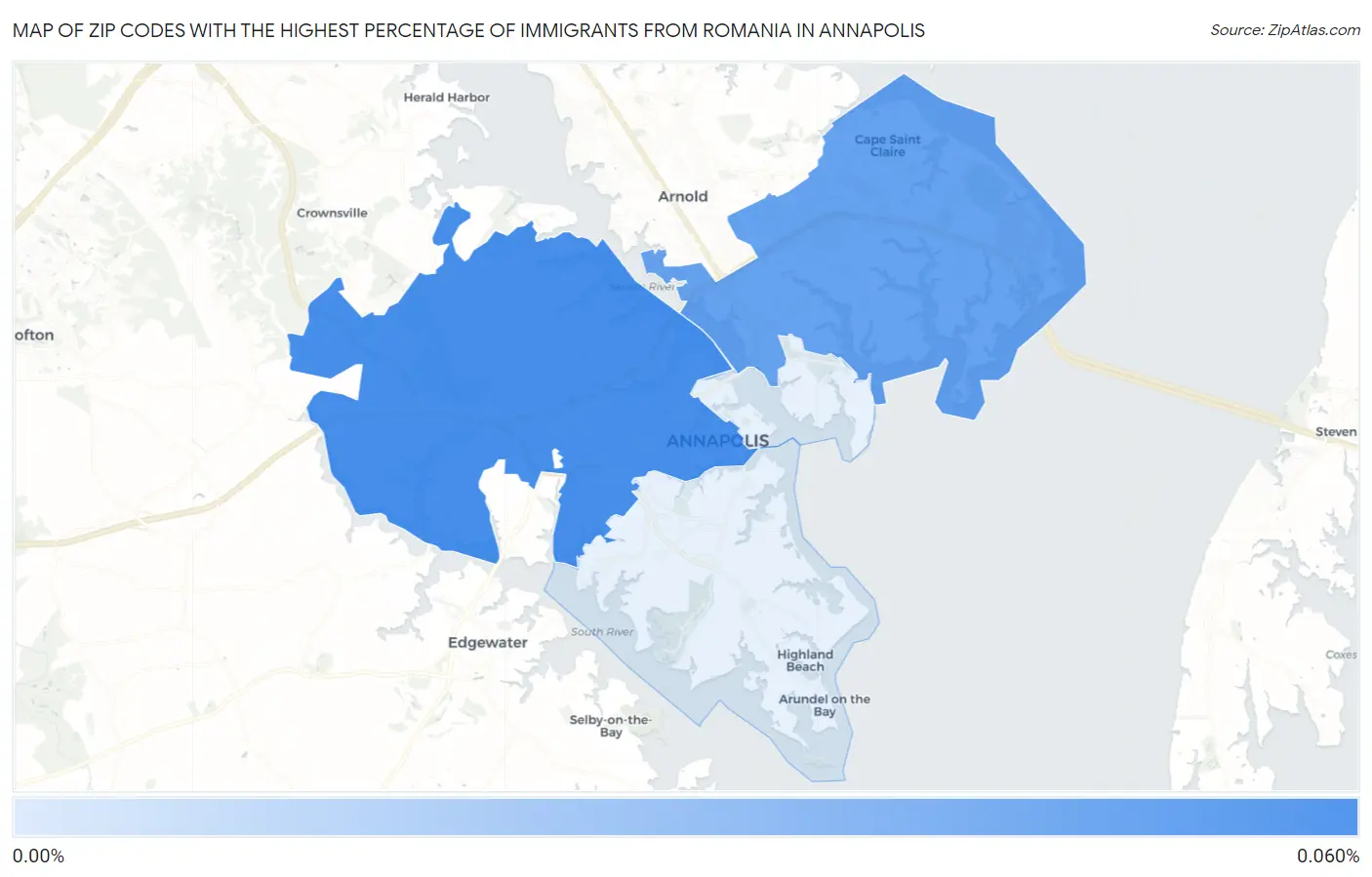 Zip Codes with the Highest Percentage of Immigrants from Romania in Annapolis Map