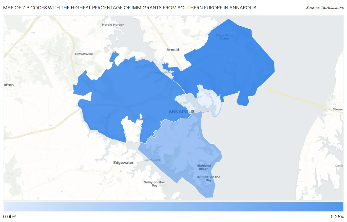Zip Codes with the Highest Percentage of Immigrants from Southern Europe in Annapolis Map