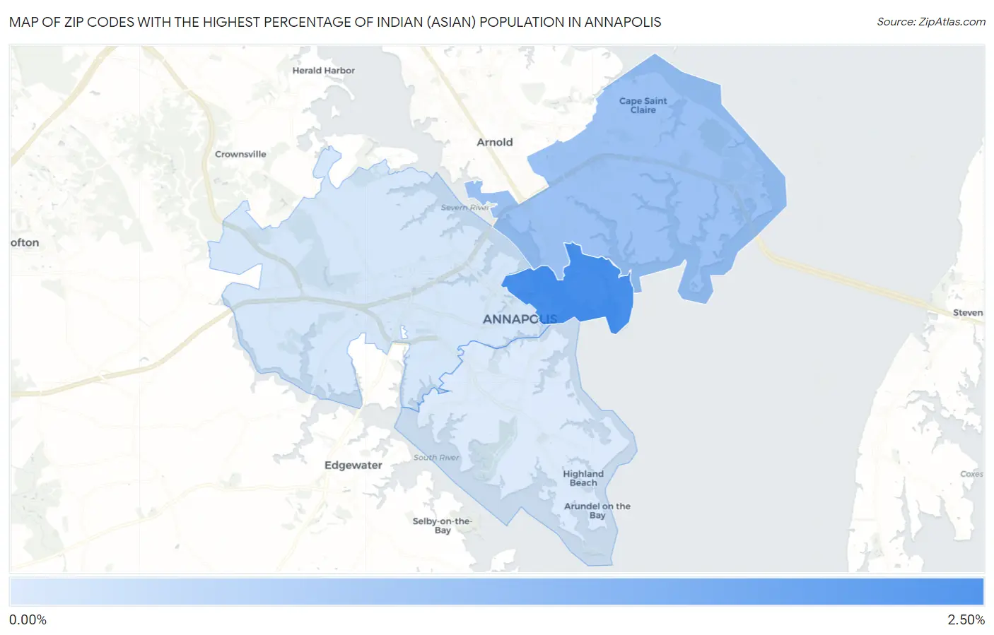 Zip Codes with the Highest Percentage of Indian (Asian) Population in Annapolis Map