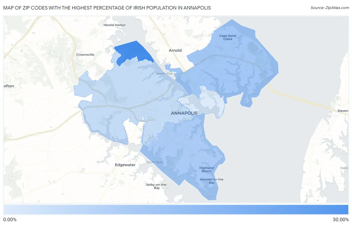 Zip Codes with the Highest Percentage of Irish Population in Annapolis Map