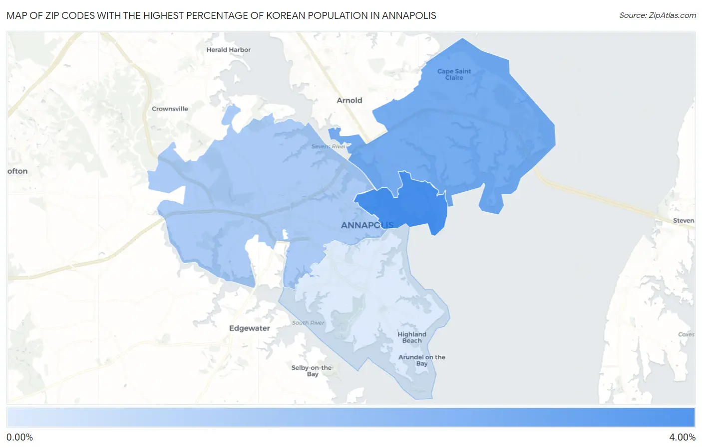 Zip Codes with the Highest Percentage of Korean Population in Annapolis Map