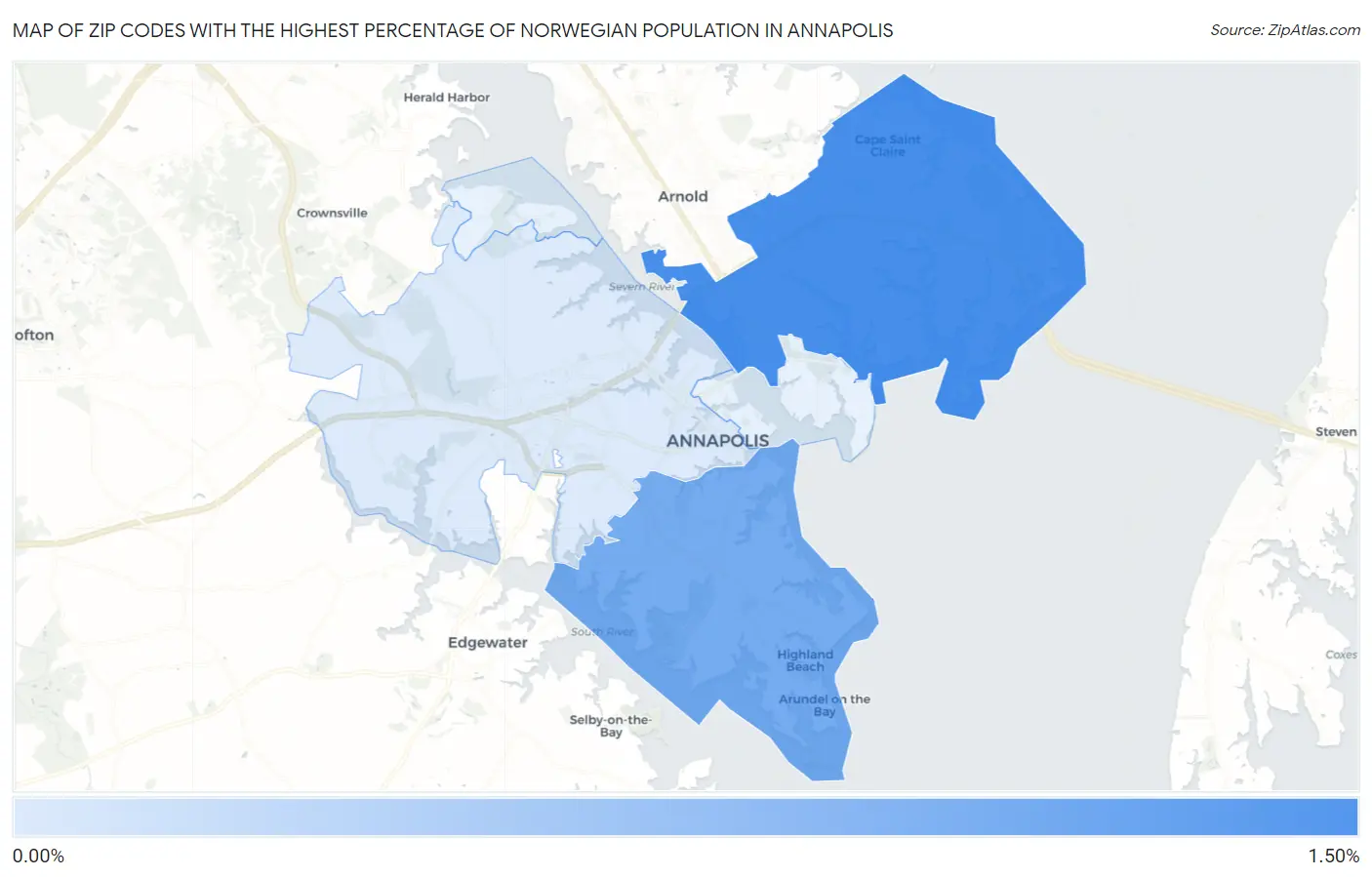 Zip Codes with the Highest Percentage of Norwegian Population in Annapolis Map