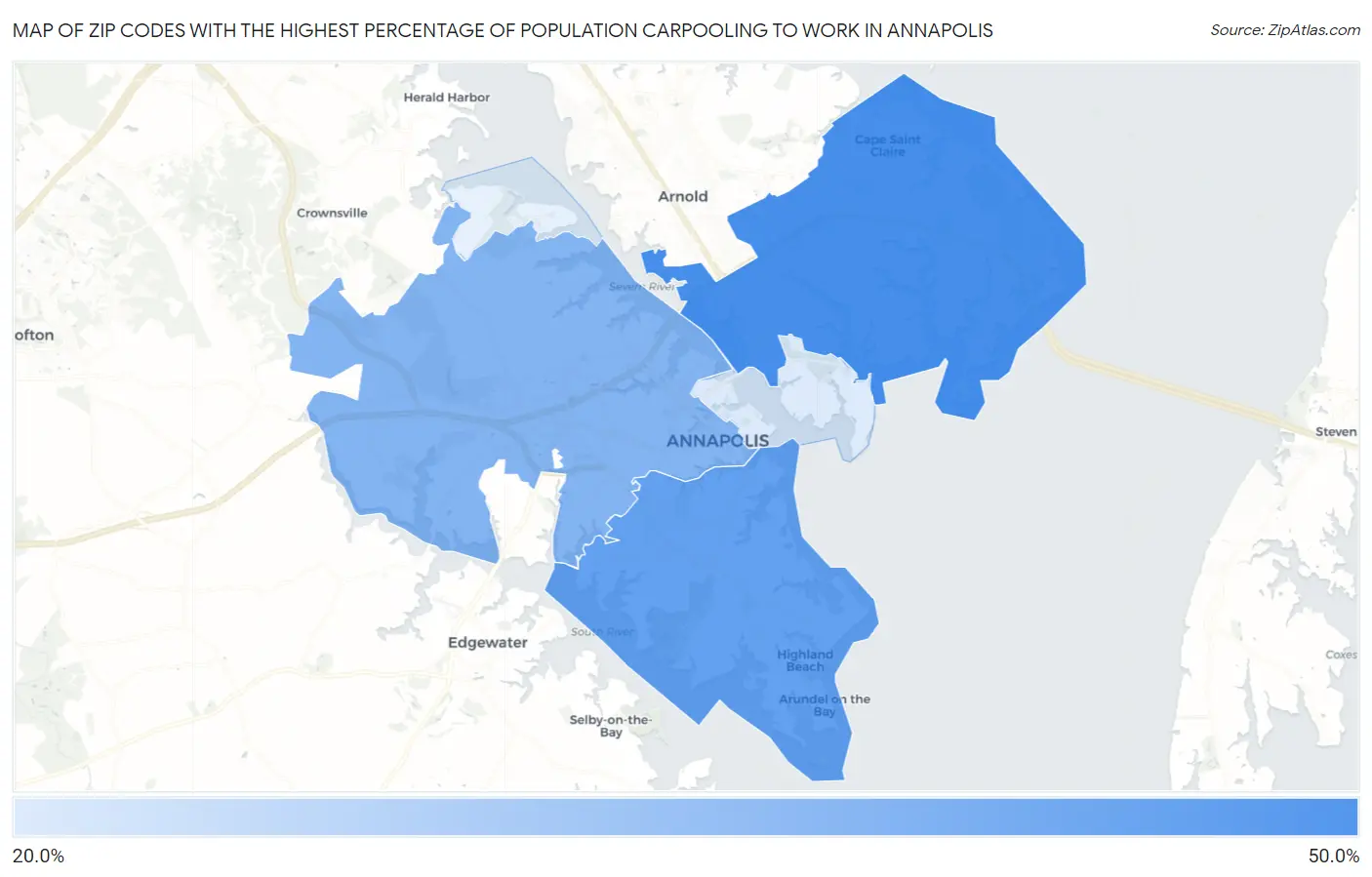 Zip Codes with the Highest Percentage of Population Carpooling to Work in Annapolis Map