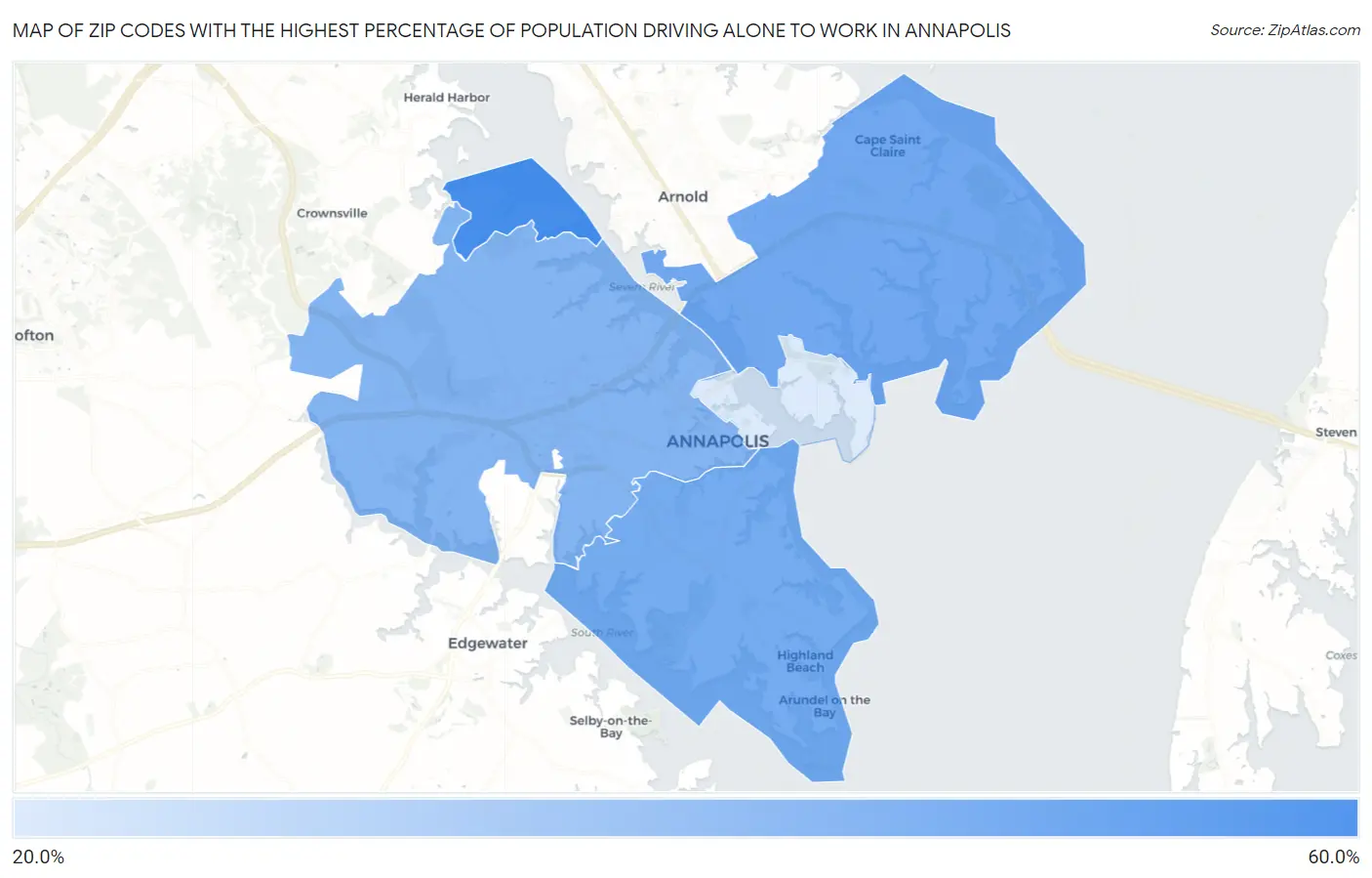 Zip Codes with the Highest Percentage of Population Driving Alone to Work in Annapolis Map