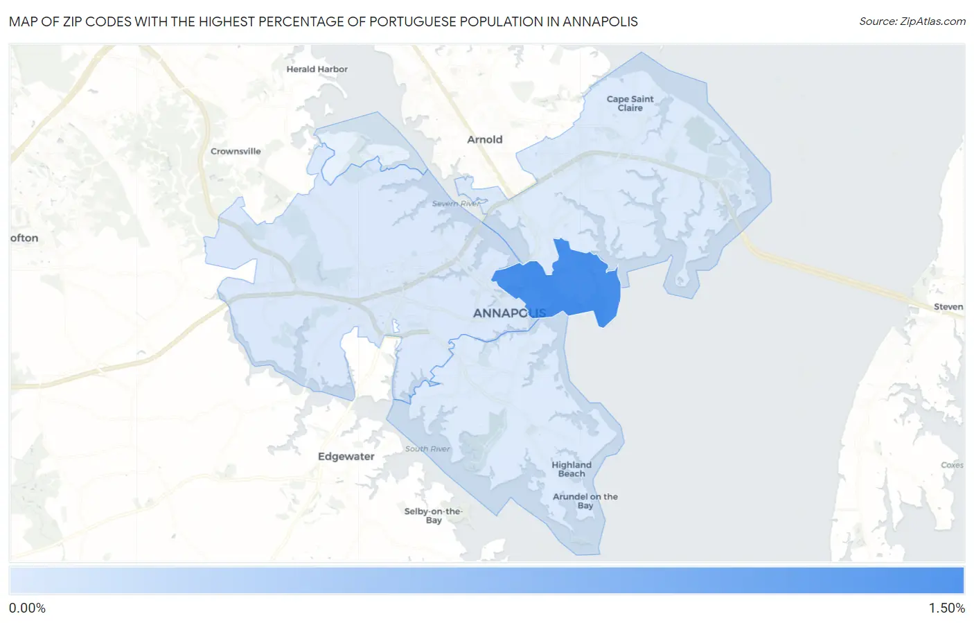 Zip Codes with the Highest Percentage of Portuguese Population in Annapolis Map