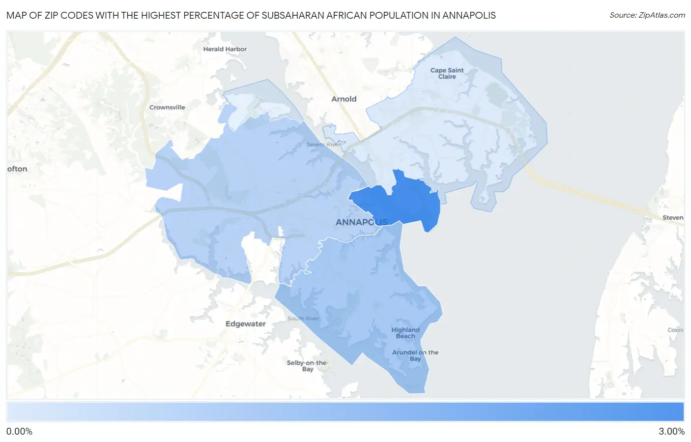 Zip Codes with the Highest Percentage of Subsaharan African Population in Annapolis Map