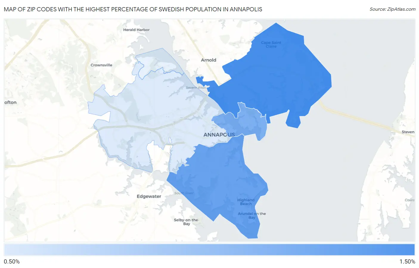 Zip Codes with the Highest Percentage of Swedish Population in Annapolis Map