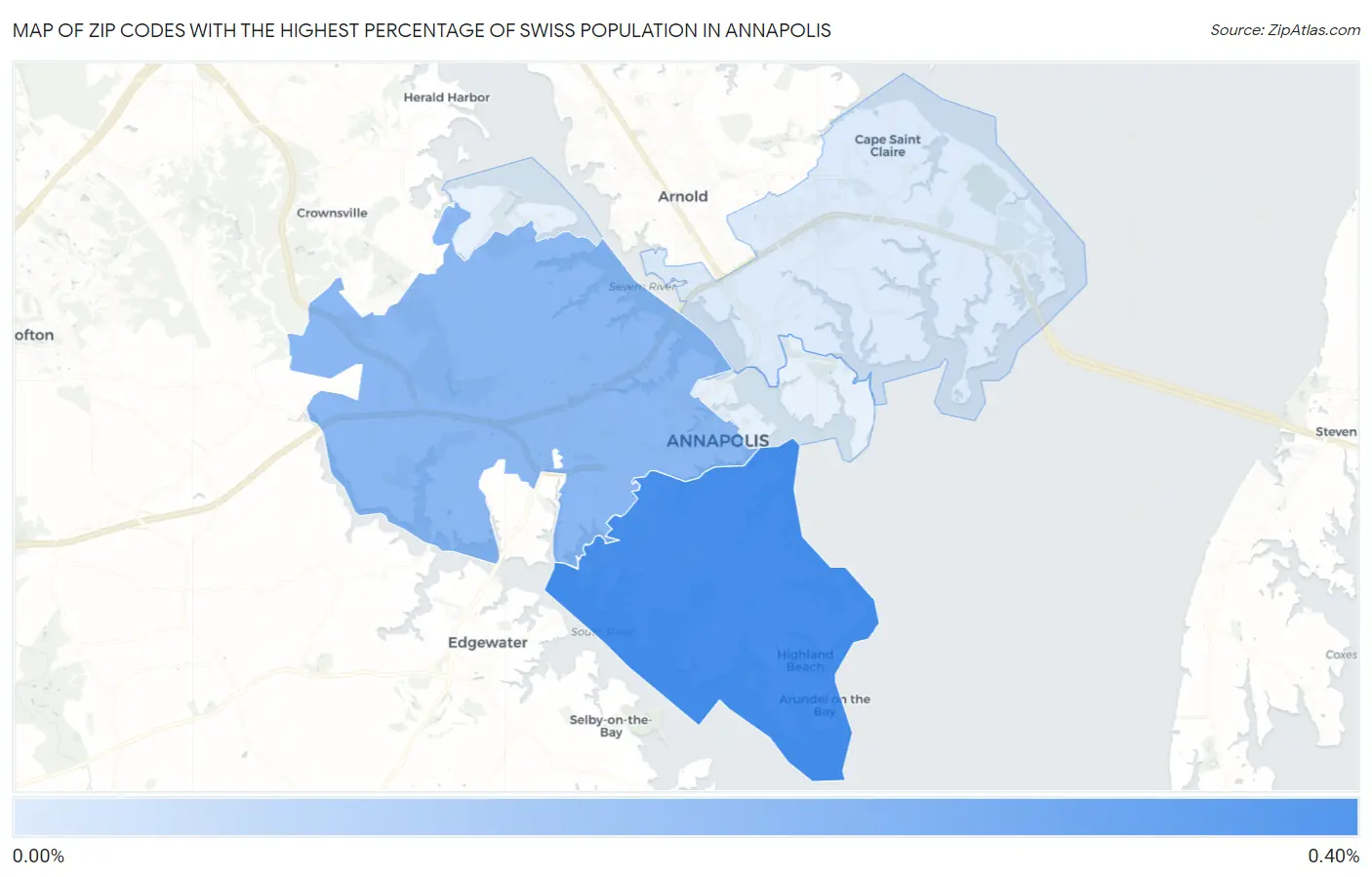 Zip Codes with the Highest Percentage of Swiss Population in Annapolis Map