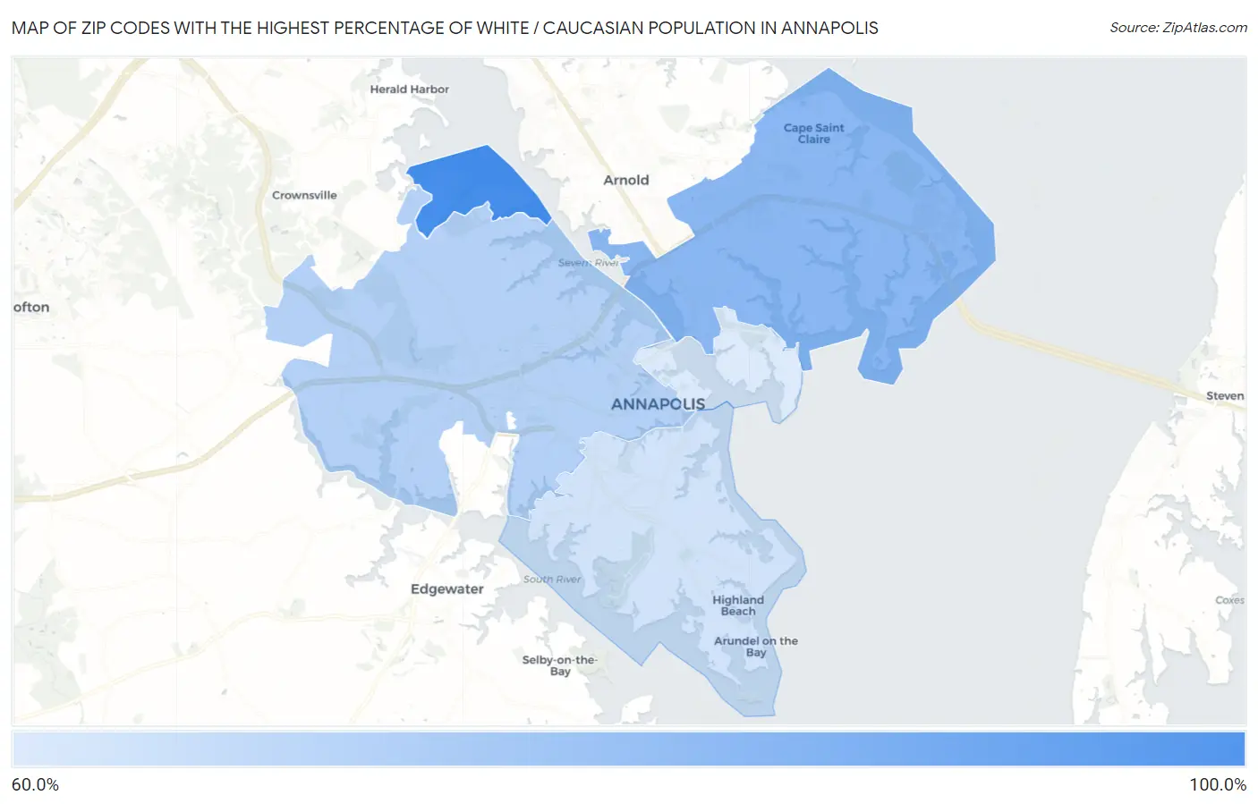 Zip Codes with the Highest Percentage of White / Caucasian Population in Annapolis Map