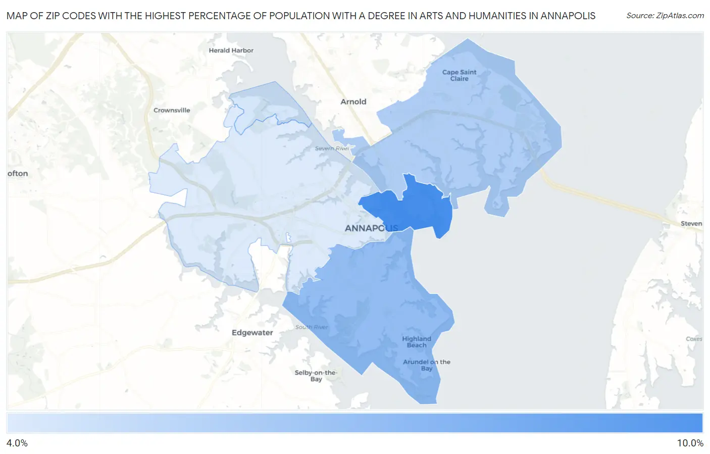 Zip Codes with the Highest Percentage of Population with a Degree in Arts and Humanities in Annapolis Map