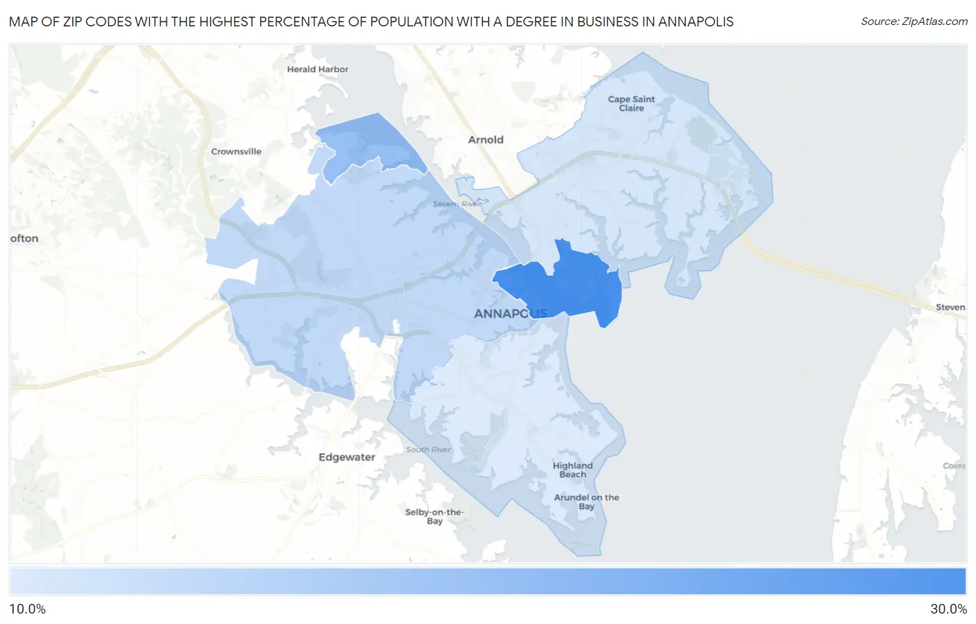 Zip Codes with the Highest Percentage of Population with a Degree in Business in Annapolis Map