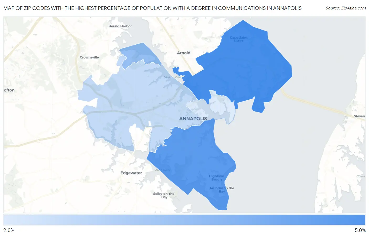Zip Codes with the Highest Percentage of Population with a Degree in Communications in Annapolis Map