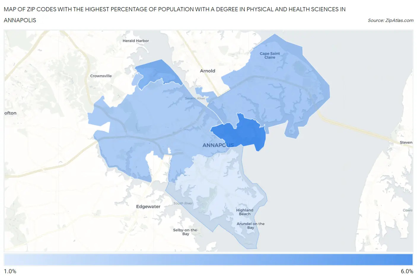 Zip Codes with the Highest Percentage of Population with a Degree in Physical and Health Sciences in Annapolis Map