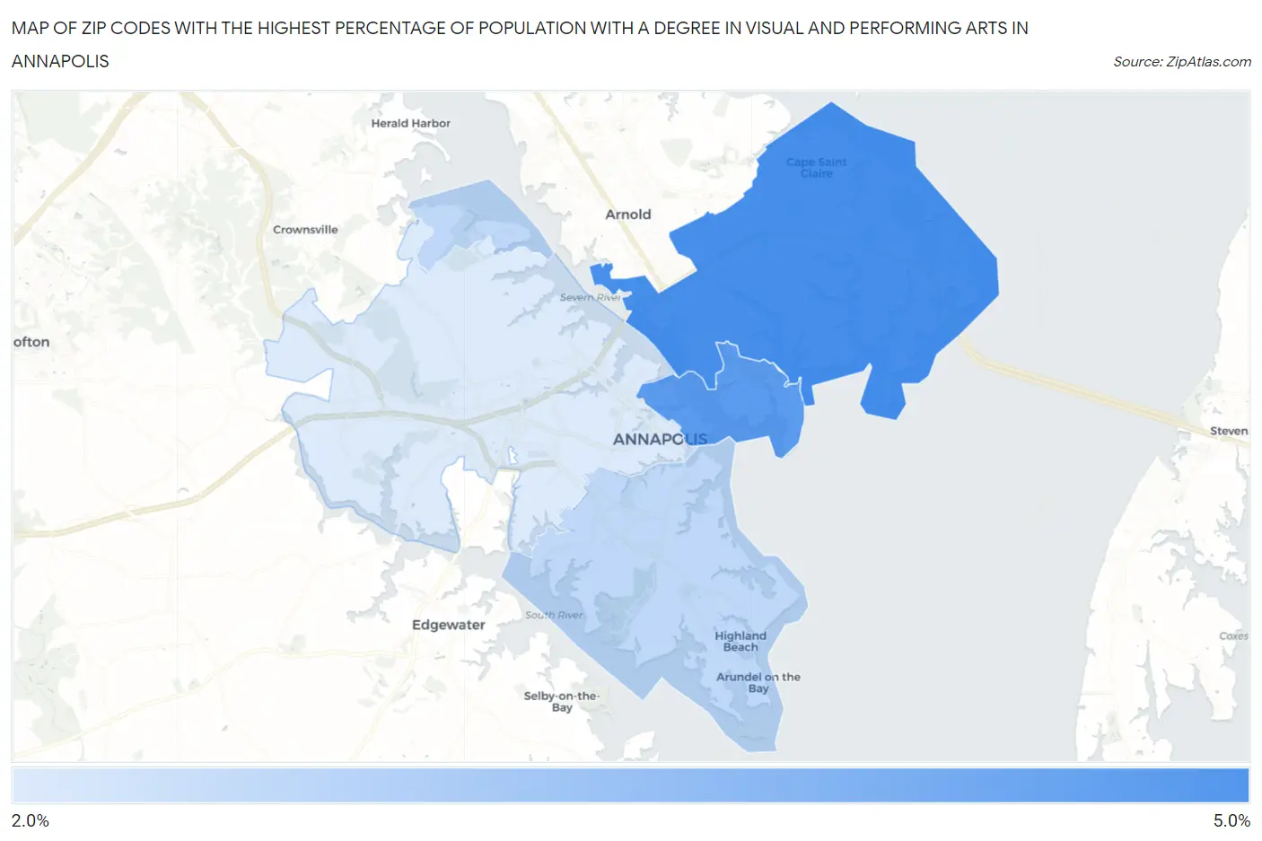 Zip Codes with the Highest Percentage of Population with a Degree in Visual and Performing Arts in Annapolis Map