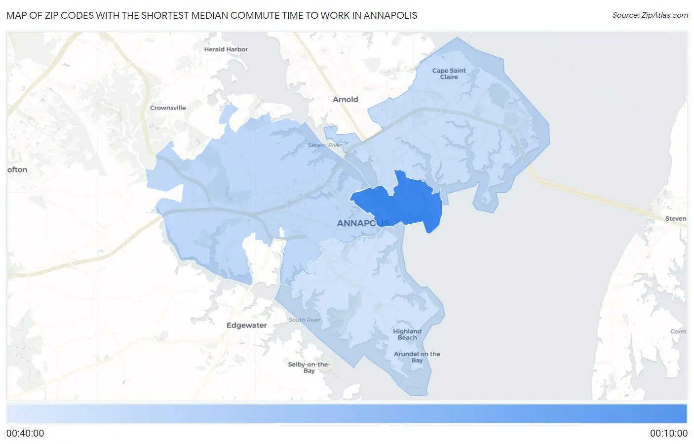 Zip Codes with the Shortest Median Commute Time to Work in Annapolis Map