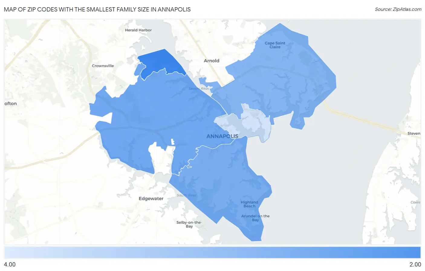 Zip Codes with the Smallest Family Size in Annapolis Map