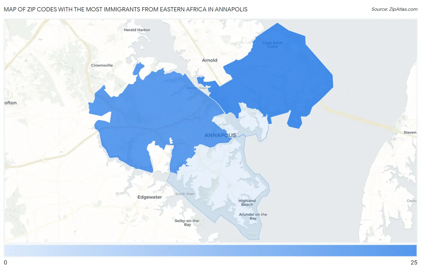 Zip Codes with the Most Immigrants from Eastern Africa in Annapolis Map