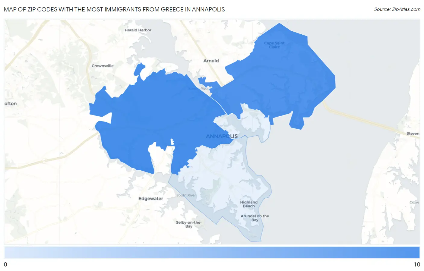 Zip Codes with the Most Immigrants from Greece in Annapolis Map