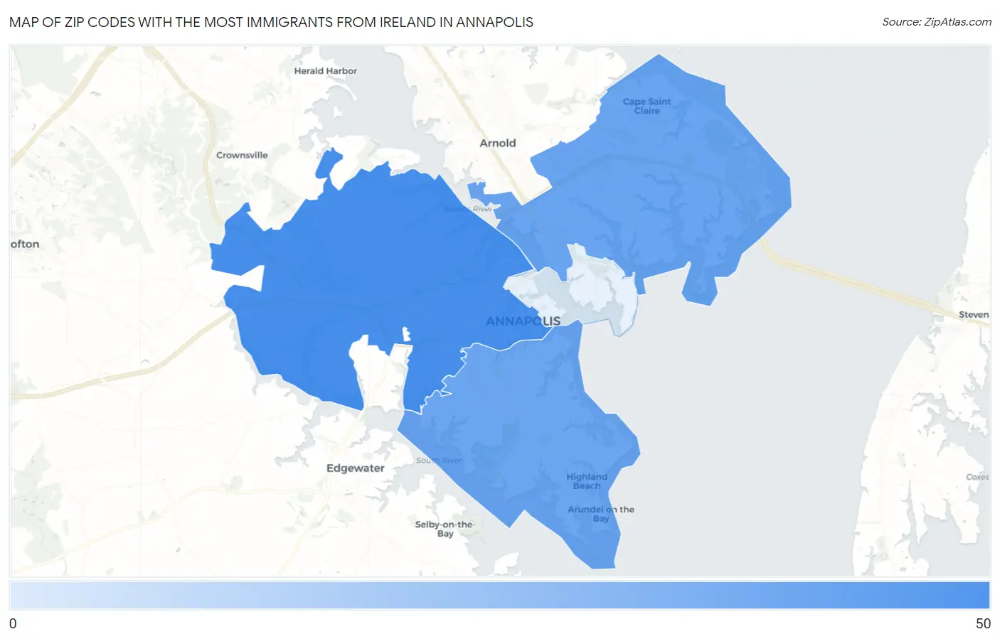 Zip Codes with the Most Immigrants from Ireland in Annapolis Map