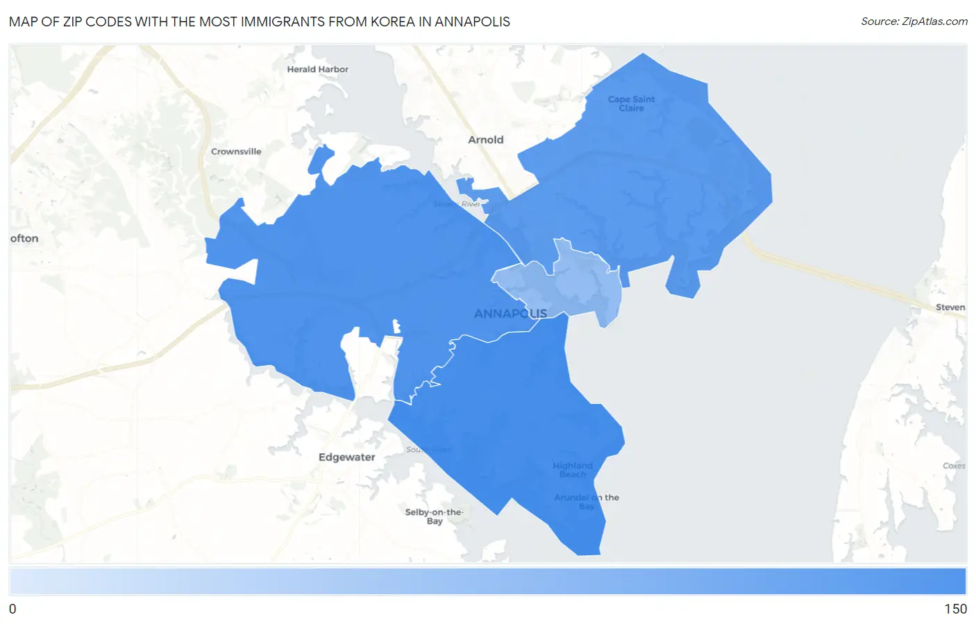 Zip Codes with the Most Immigrants from Korea in Annapolis Map