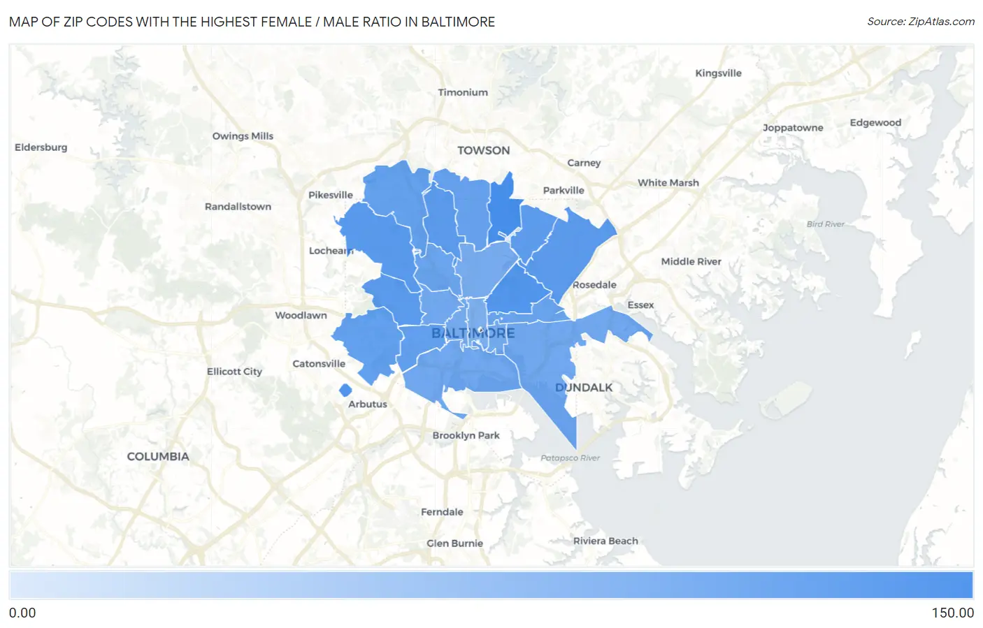 Zip Codes with the Highest Female / Male Ratio in Baltimore Map