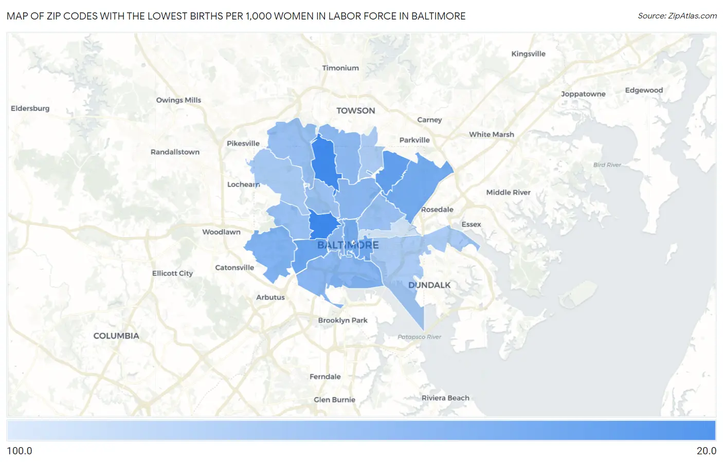 Zip Codes with the Lowest Births per 1,000 Women in Labor Force in Baltimore Map