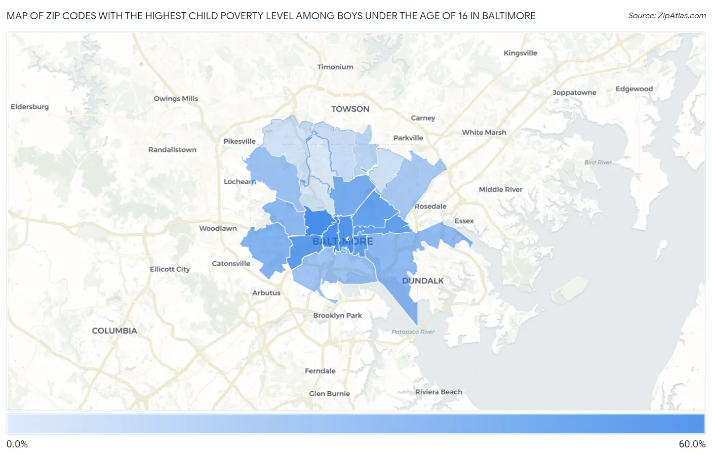 Zip Codes with the Highest Child Poverty Level Among Boys Under the Age of 16 in Baltimore Map