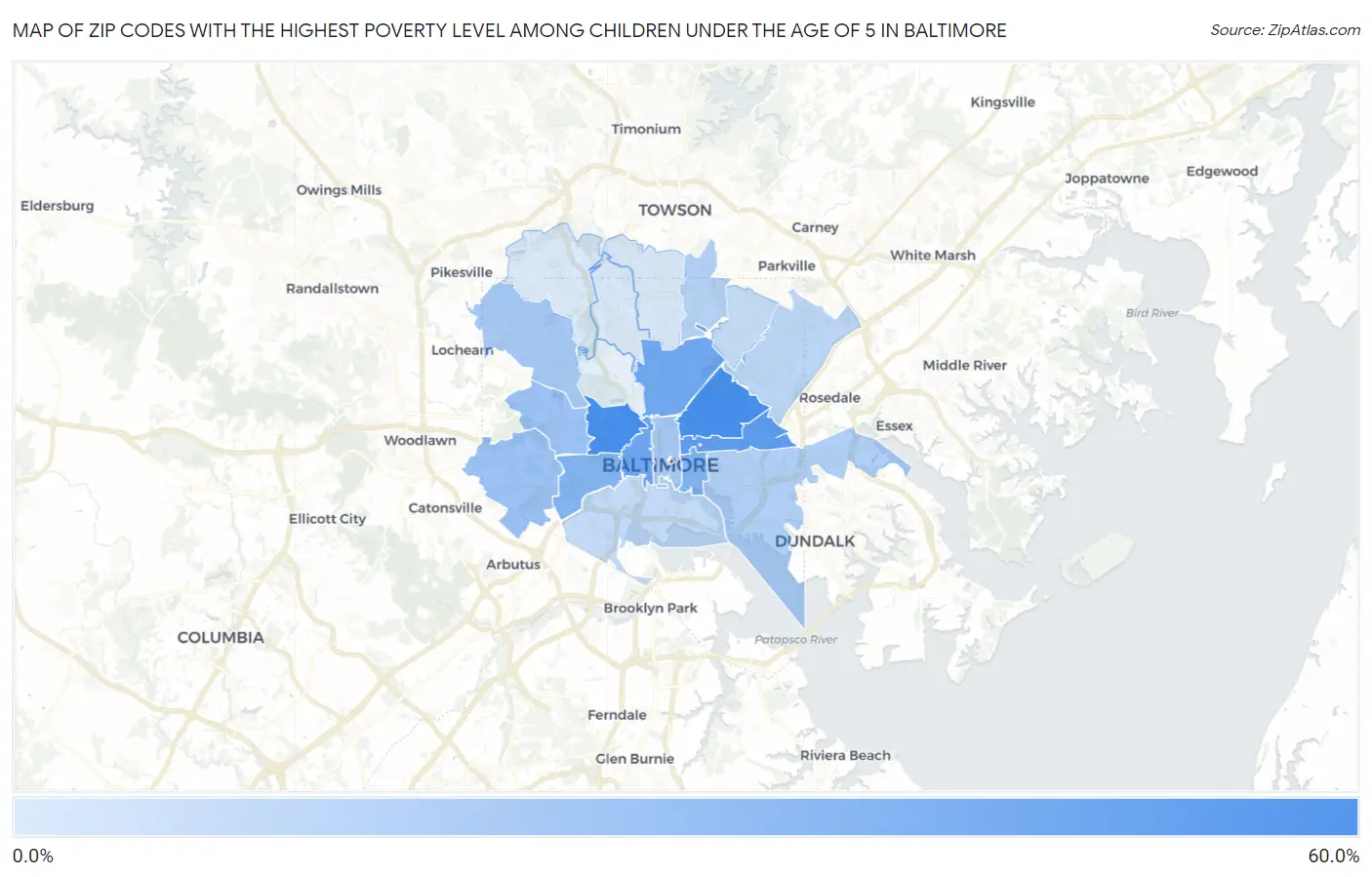 Zip Codes with the Highest Poverty Level Among Children Under the Age of 5 in Baltimore Map