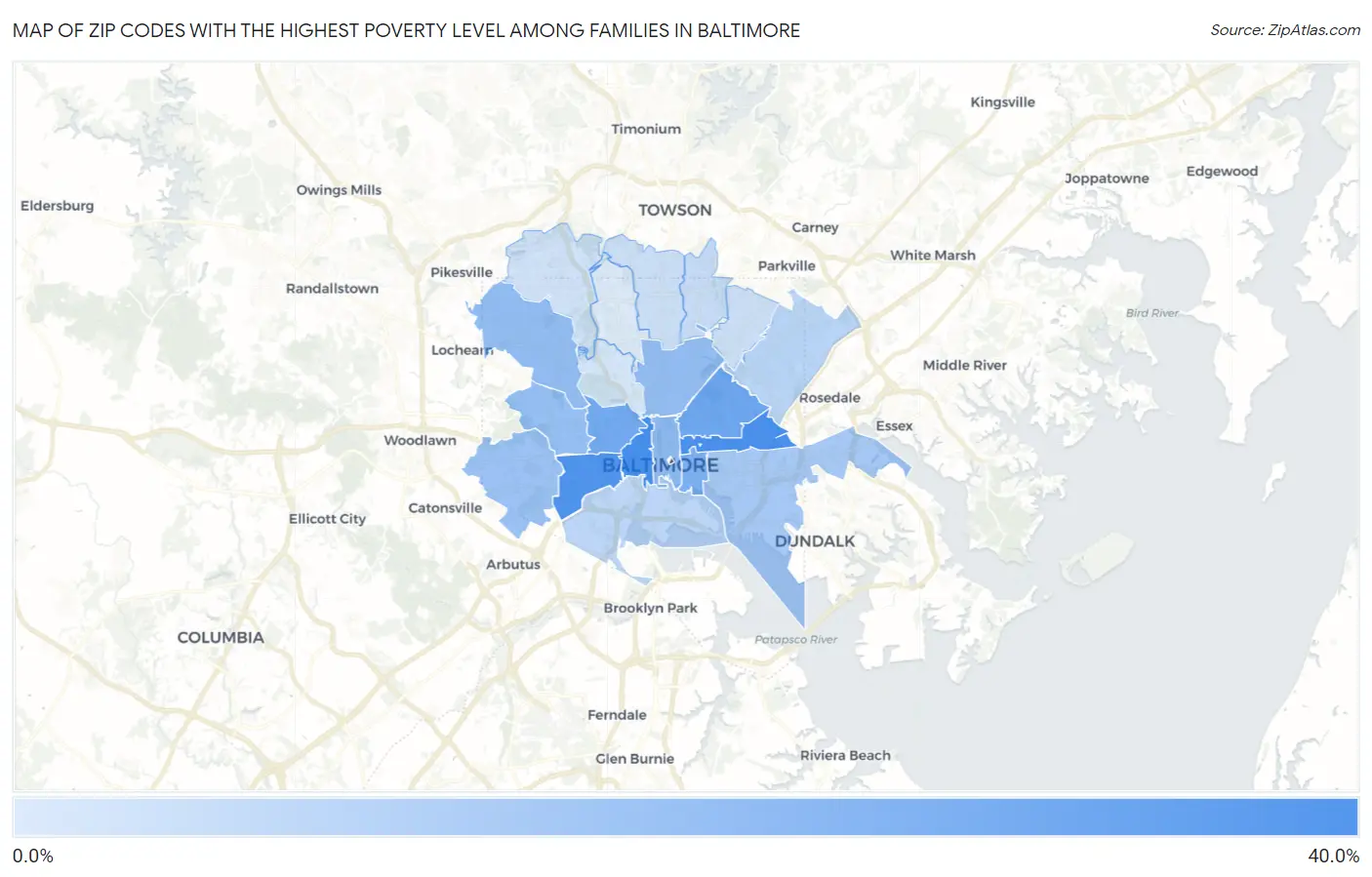 Zip Codes with the Highest Poverty Level Among Families in Baltimore Map