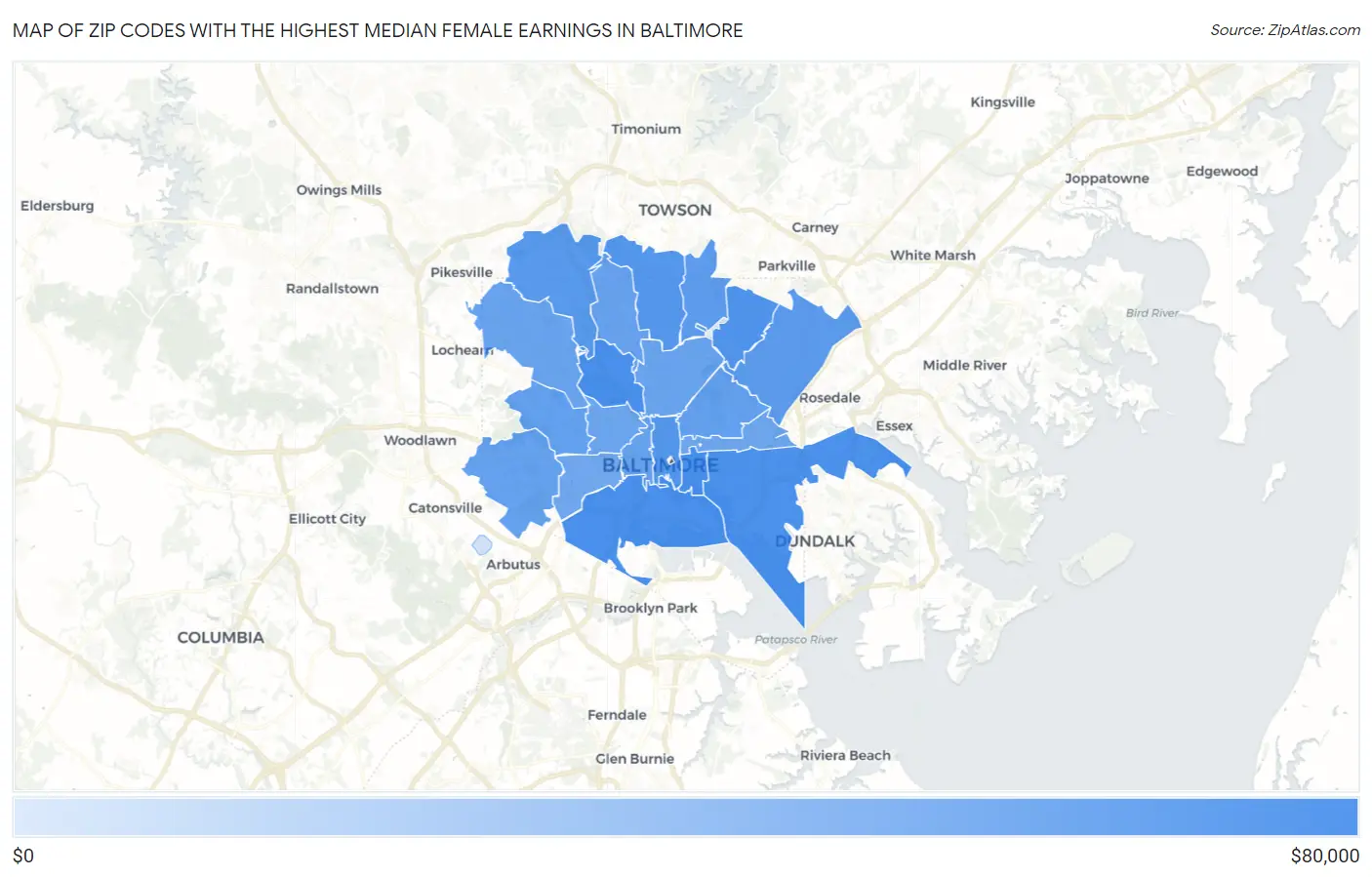 Zip Codes with the Highest Median Female Earnings in Baltimore Map