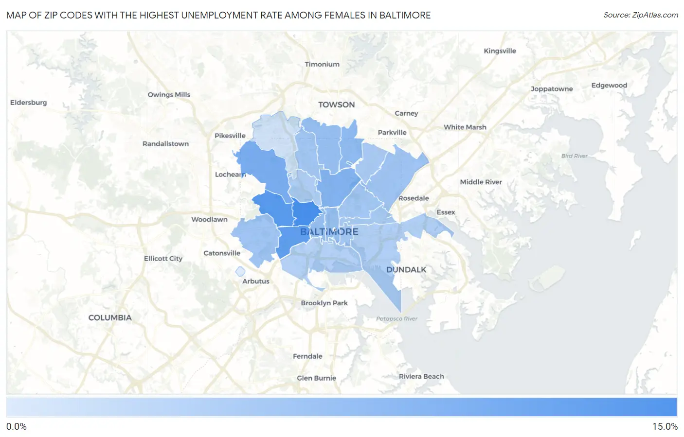 Zip Codes with the Highest Unemployment Rate Among Females in Baltimore Map