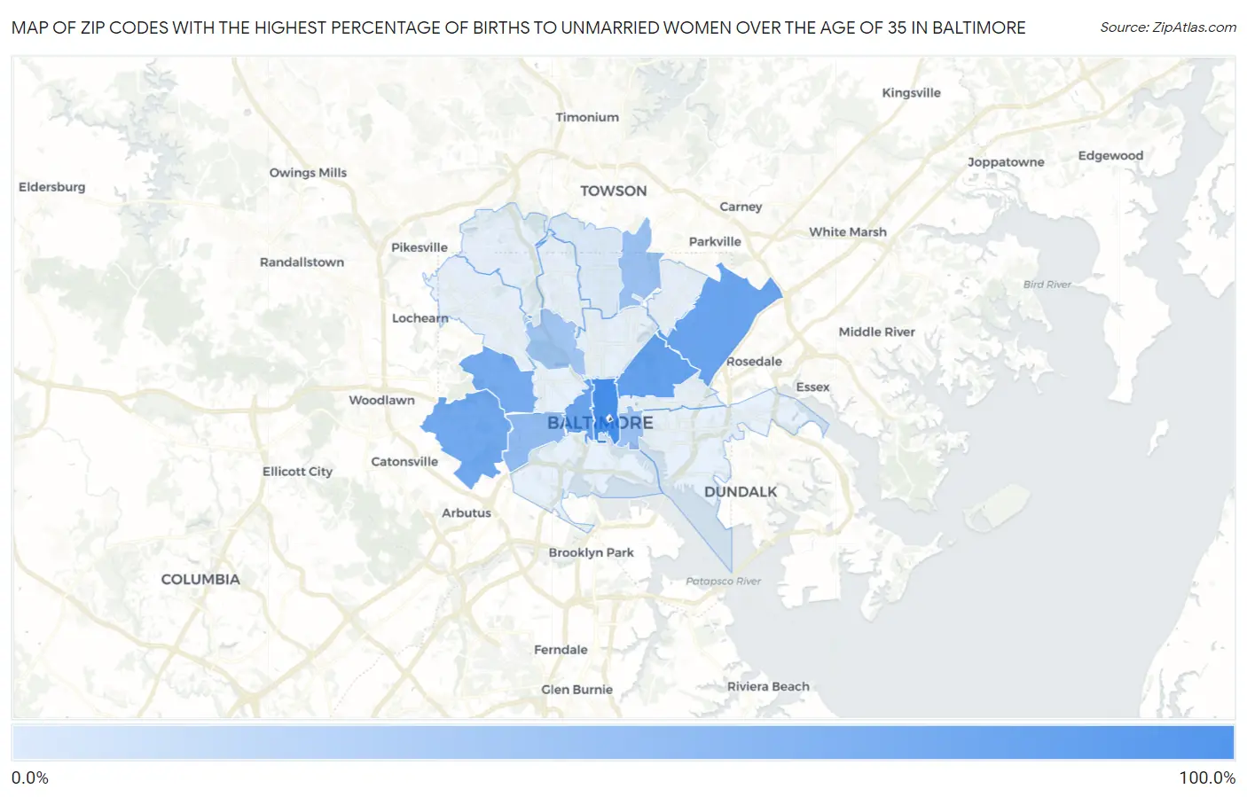 Zip Codes with the Highest Percentage of Births to Unmarried Women over the Age of 35 in Baltimore Map
