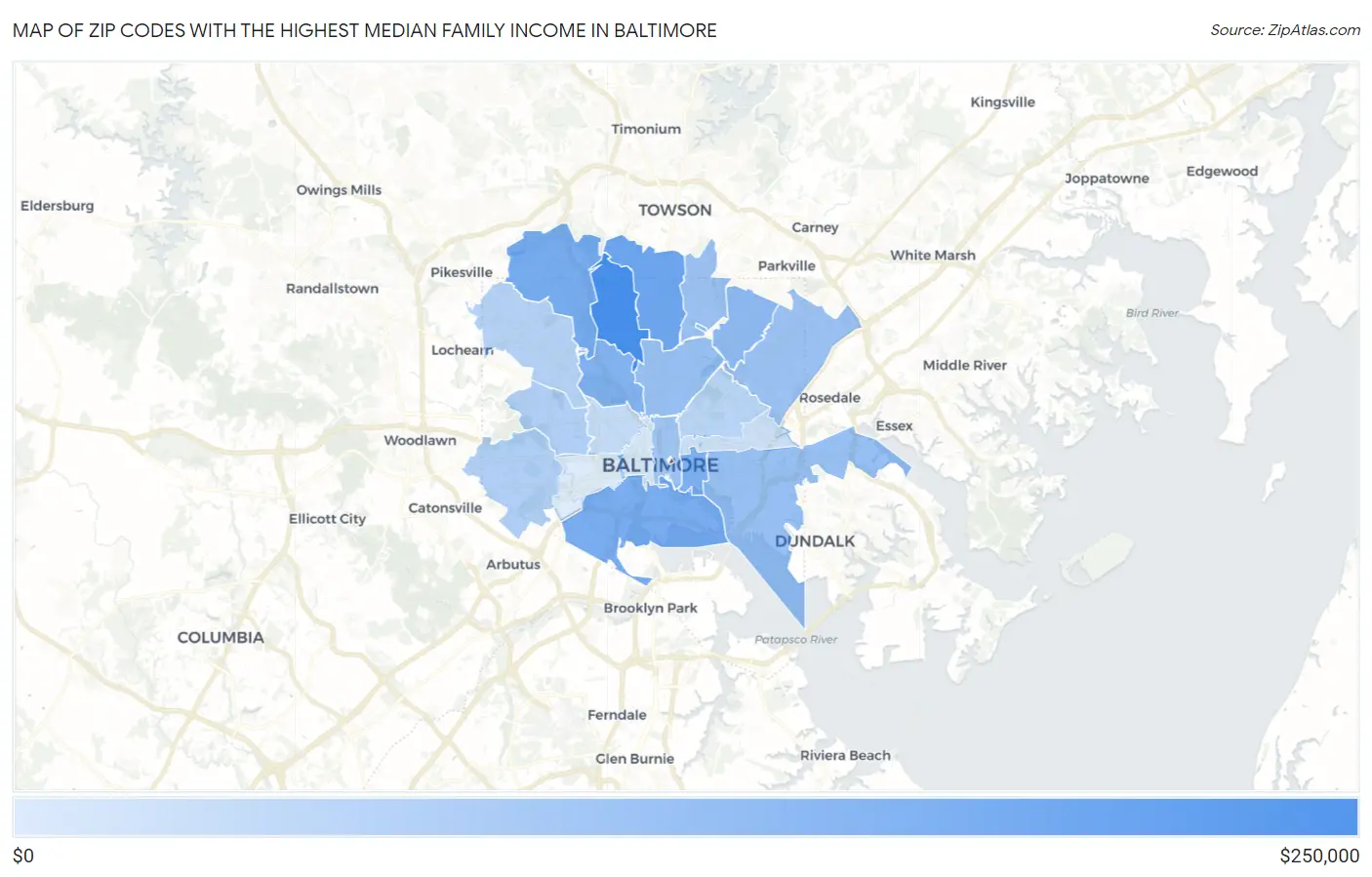 Zip Codes with the Highest Median Family Income in Baltimore Map