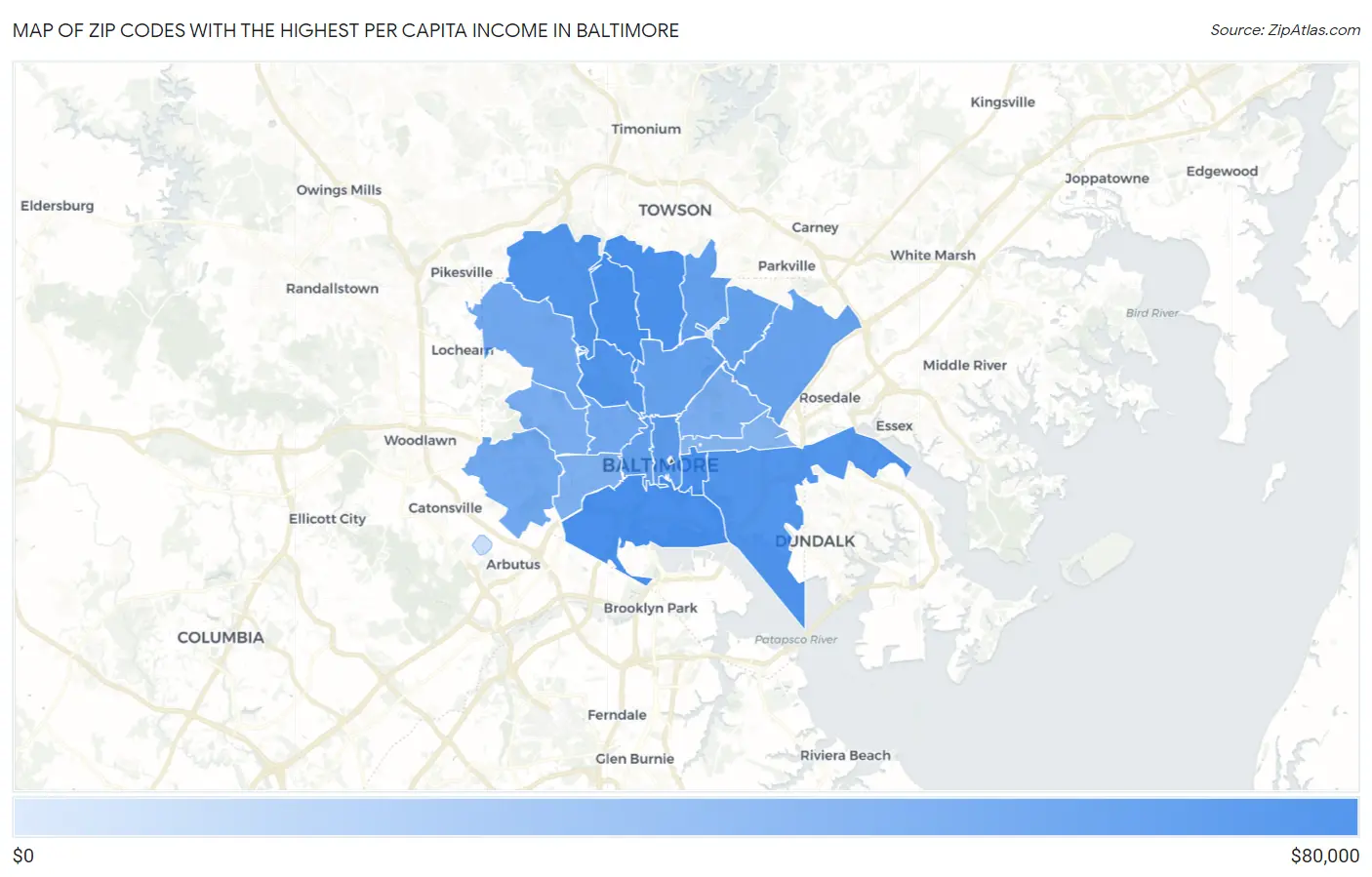 Zip Codes with the Highest Per Capita Income in Baltimore Map