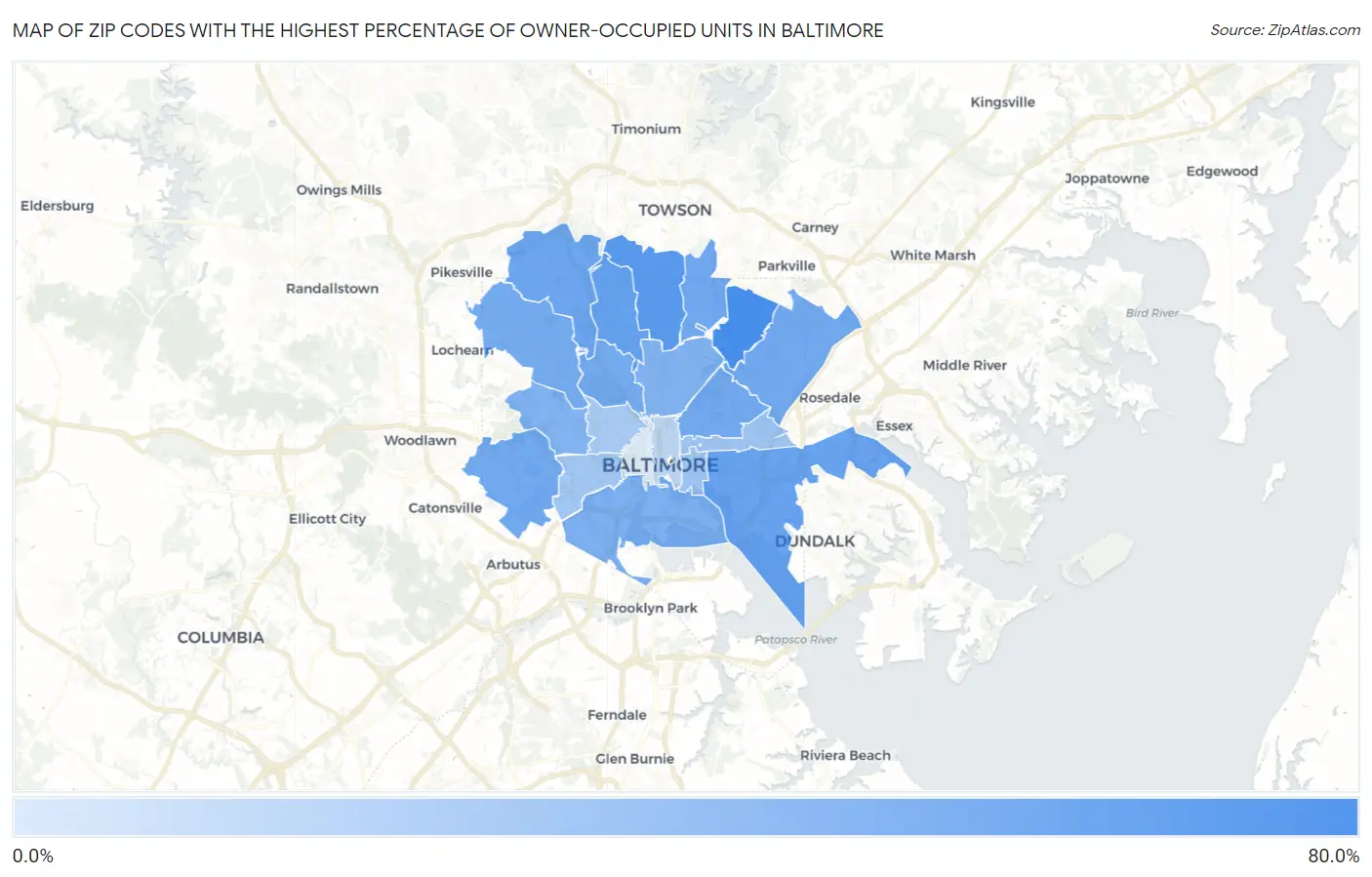 Zip Codes with the Highest Percentage of Owner-Occupied Units in Baltimore Map