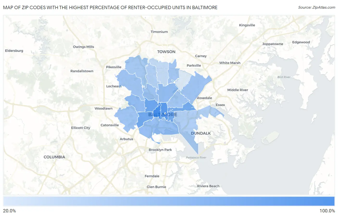 Zip Codes with the Highest Percentage of Renter-Occupied Units in Baltimore Map