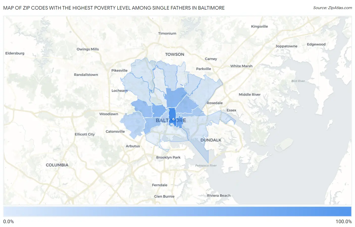 Zip Codes with the Highest Poverty Level Among Single Fathers in Baltimore Map