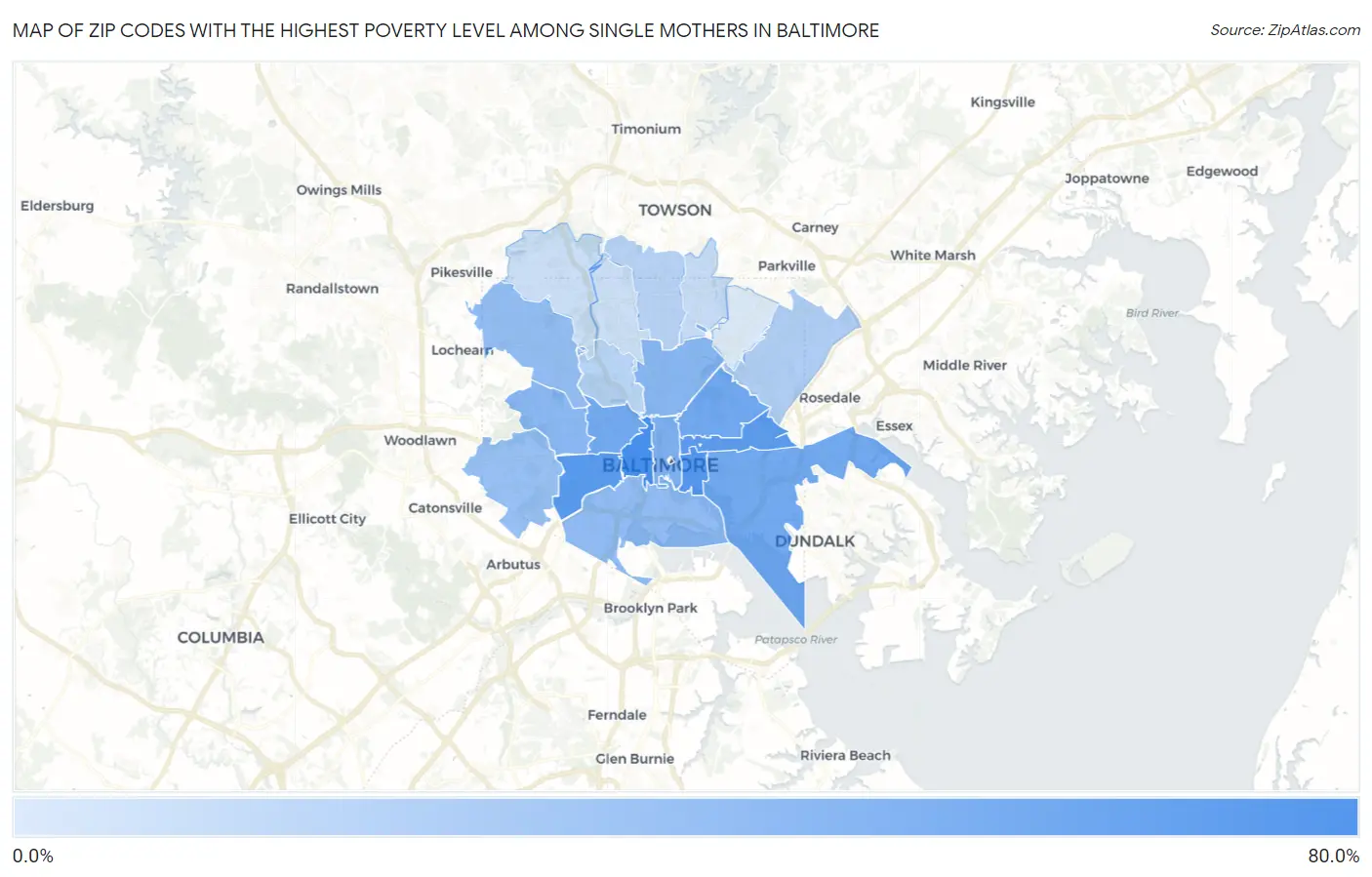Zip Codes with the Highest Poverty Level Among Single Mothers in Baltimore Map