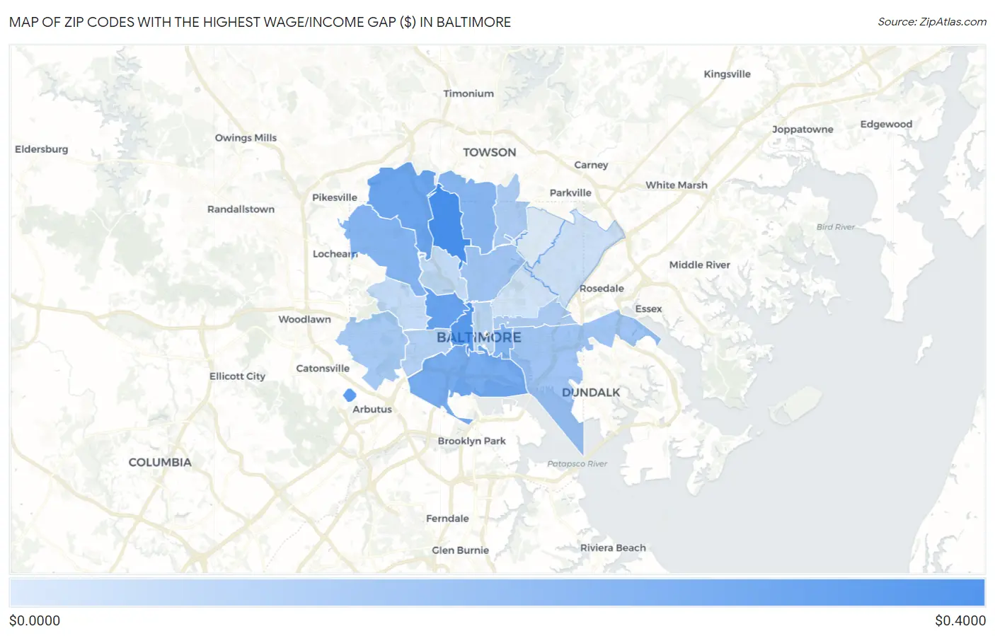 Zip Codes with the Highest Wage/Income Gap ($) in Baltimore Map